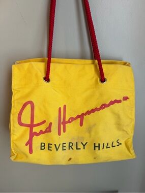 Fred Hayman Beverly Hills Canvas Tote Yellow Thrashed Shopping Markets Vtg